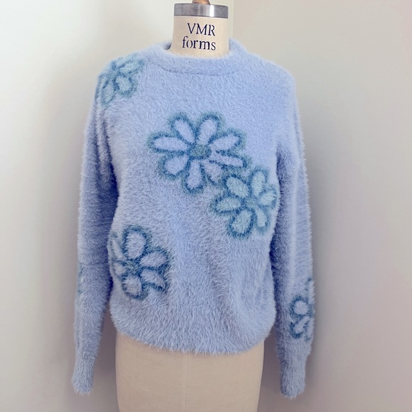 Hooked Up Floral Blue Fuzzy Sweater - Picture 1 of 6